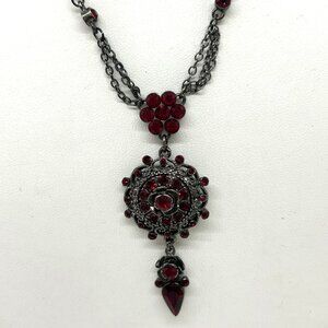 Vintage Vida Red Rhinestone Necklace Gothic Vampire Gun Metal Statement Pendant
